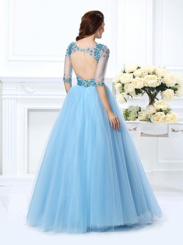 NumberSea - Ball Gown V - neck Beading 1/2 Sleeves Long Satin Quinceanera Dresses