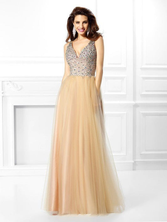 NumberSea - Ball Gown V - neck Beading Sleeveless Long Satin Quinceanera Dresses