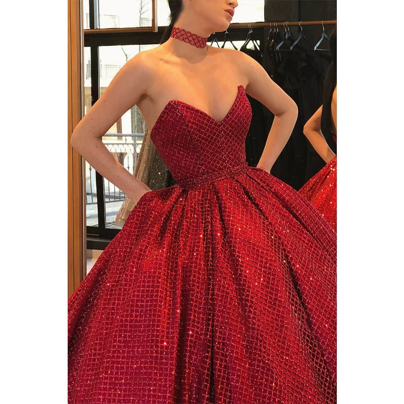 NumberSea - Ball Gown V - neck Burgundy Long Formal Evening Dress with Pockets