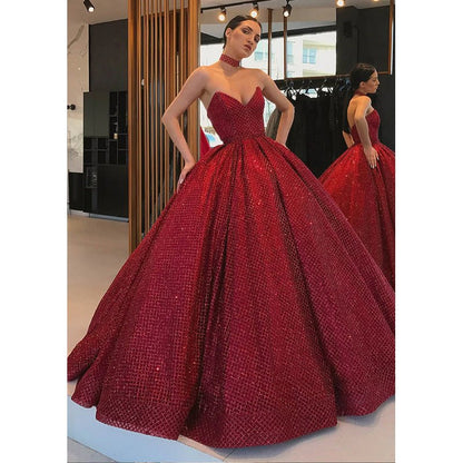 NumberSea - Ball Gown V - neck Burgundy Long Formal Evening Dress with Pockets