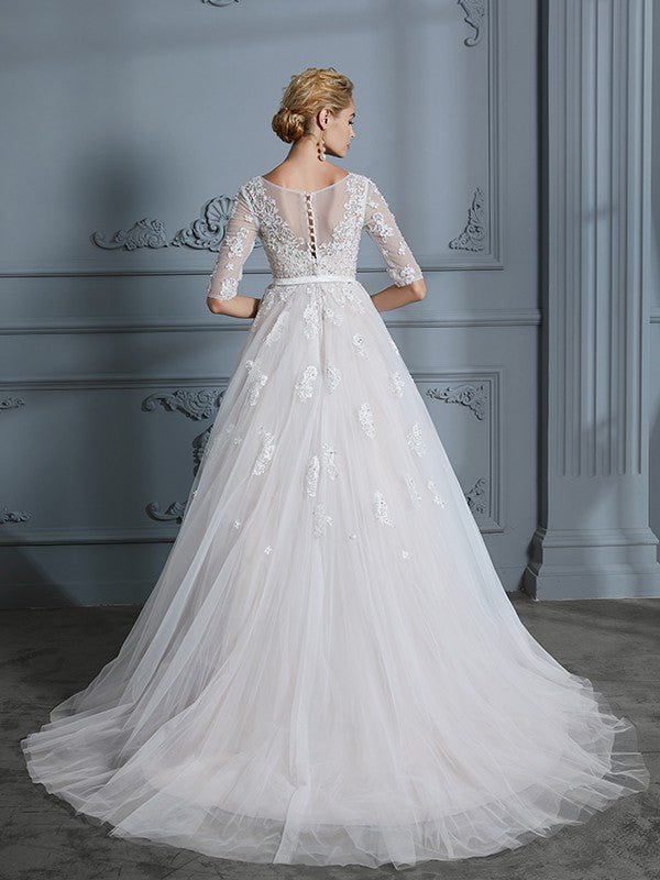 NumberSea - Ball Gown V - neck Court Train 1/2 Sleeves Lace Tulle Wedding Dresses