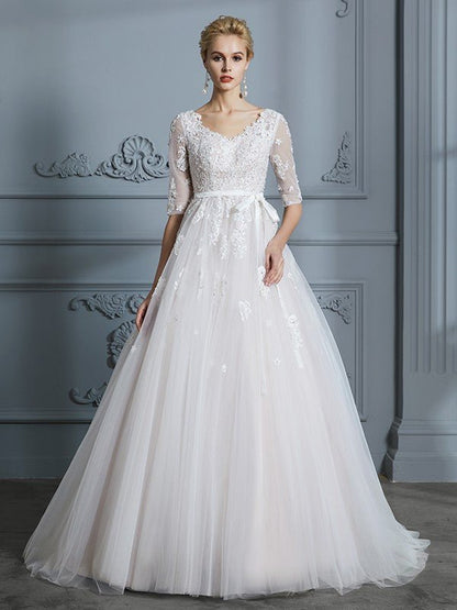 NumberSea - Ball Gown V - neck Court Train 1/2 Sleeves Lace Tulle Wedding Dresses