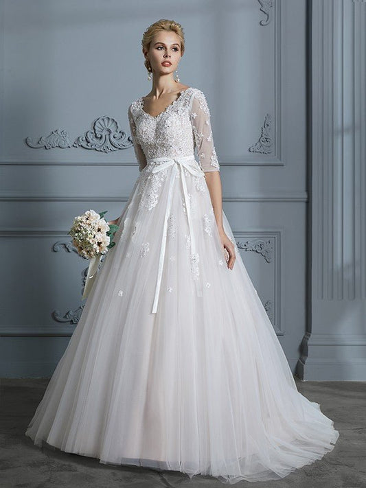 NumberSea - Ball Gown V - neck Court Train 1/2 Sleeves Lace Tulle Wedding Dresses