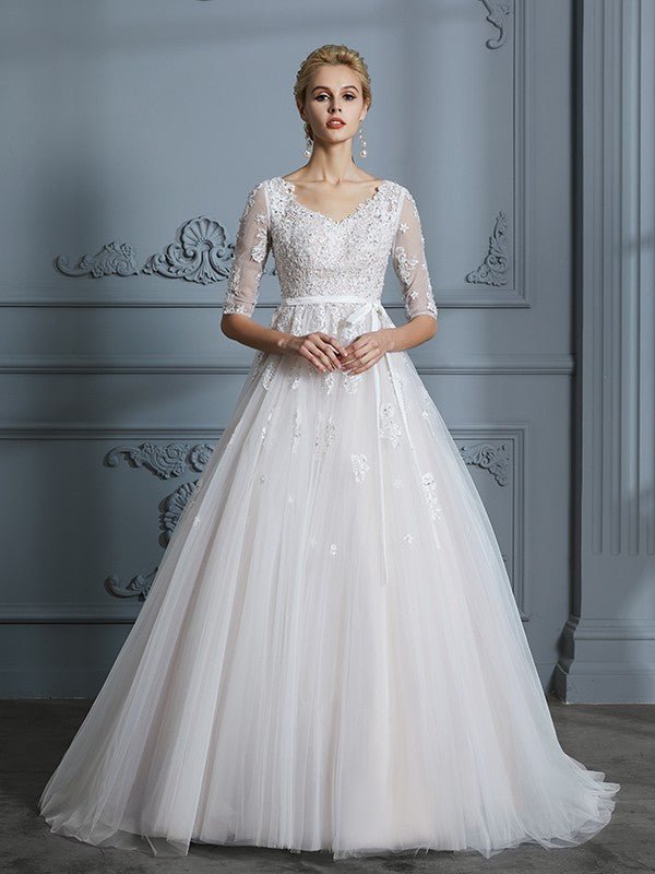 NumberSea - Ball Gown V - neck Court Train 1/2 Sleeves Lace Tulle Wedding Dresses