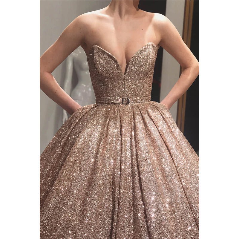 NumberSea - Ball Gown V - neck Gold Sequined Long Formal Evening Dress with Pockets Prom Dress