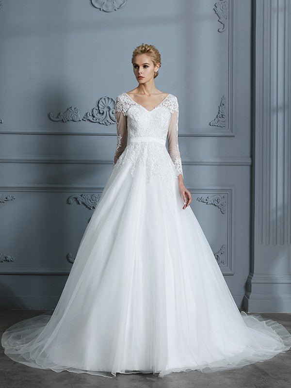 NumberSea - Ball Gown V - neck Long Sleeves Court Train Lace Tulle Wedding Dresses