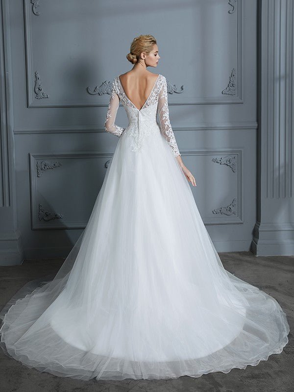 NumberSea - Ball Gown V - neck Long Sleeves Court Train Lace Tulle Wedding Dresses