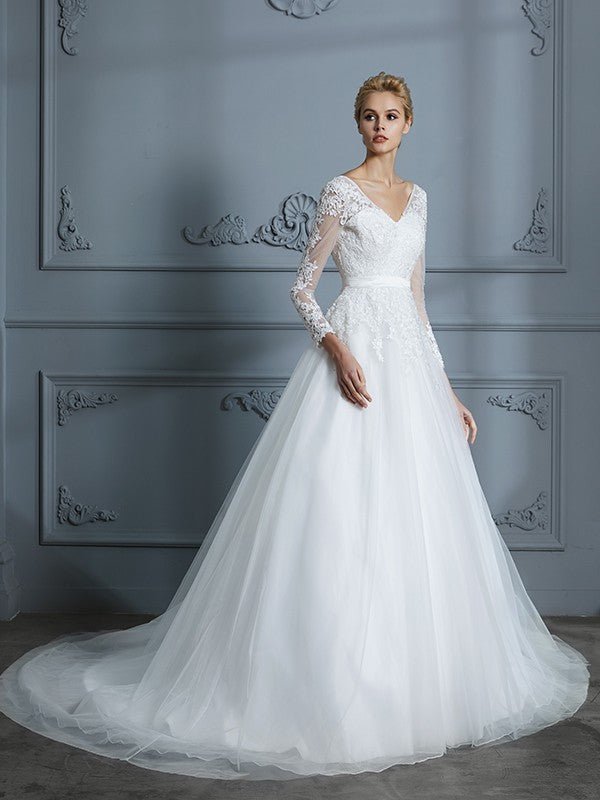 NumberSea - Ball Gown V - neck Long Sleeves Court Train Lace Tulle Wedding Dresses