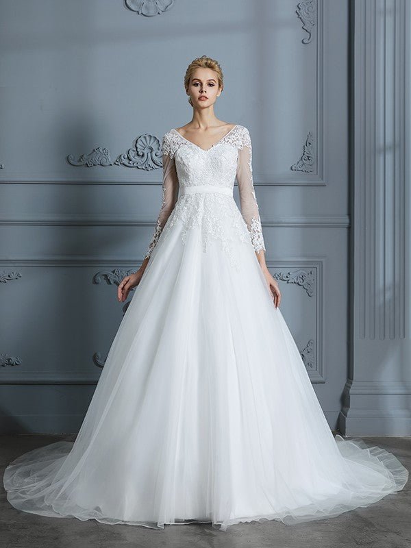 NumberSea - Ball Gown V - neck Long Sleeves Court Train Lace Tulle Wedding Dresses