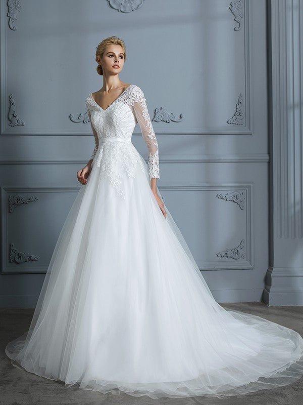 NumberSea - Ball Gown V - neck Long Sleeves Court Train Lace Tulle Wedding Dresses