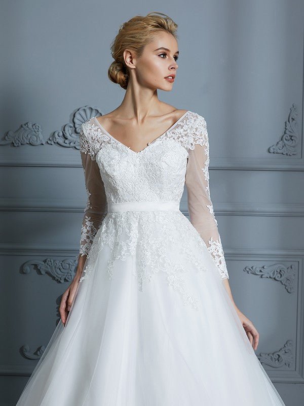 NumberSea - Ball Gown V - neck Long Sleeves Court Train Lace Tulle Wedding Dresses