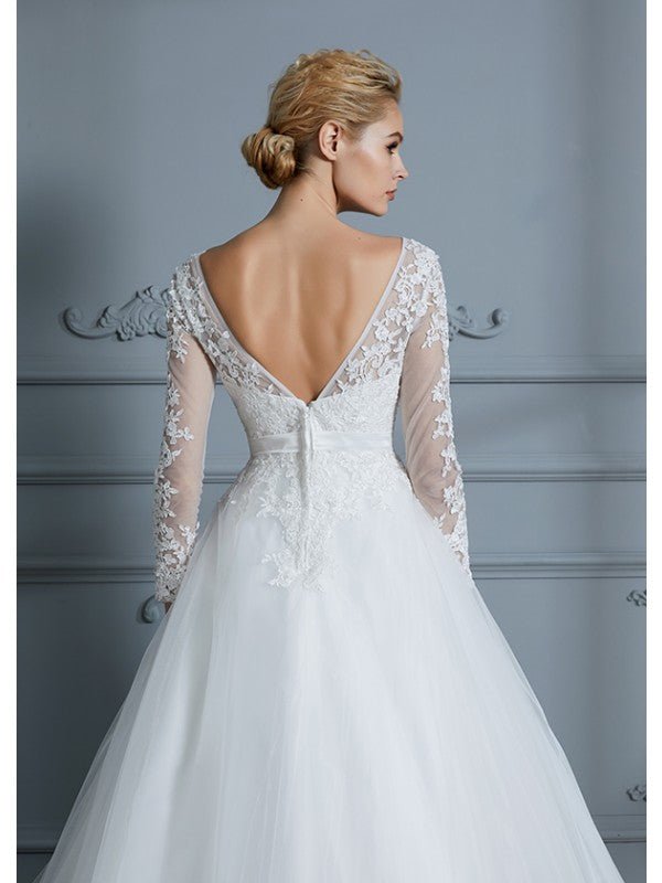 NumberSea - Ball Gown V - neck Long Sleeves Court Train Lace Tulle Wedding Dresses