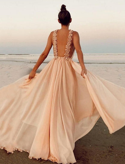 NumberSea - Ball Gown Wedding Guest Dresses Open Back Dress Wedding Guest Prom Sweep / Brush Train Sleeveless Halter Neck Polyester with Pleats