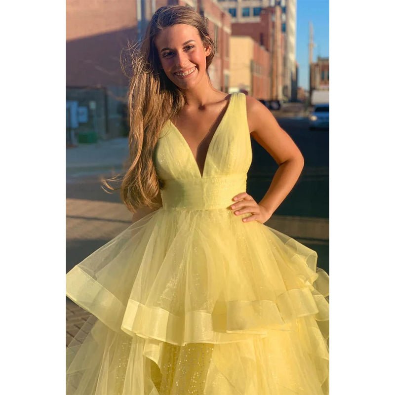 NumberSea - Ball Gown Yellow Tulle Attractive V - neck Long Senior Prom Dress Pageant Dress