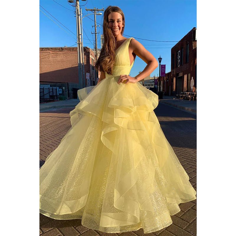 NumberSea - Ball Gown Yellow Tulle Attractive V - neck Long Senior Prom Dress Pageant Dress