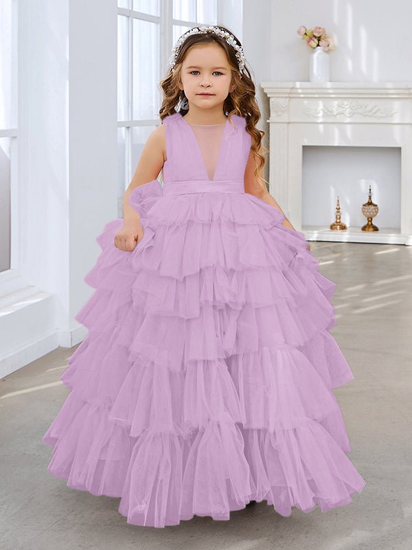 NumberSea - Ball - Gown/Princess Pearl Pink Sleeveless Tulle Bow Flower Girl Dress (010220814)