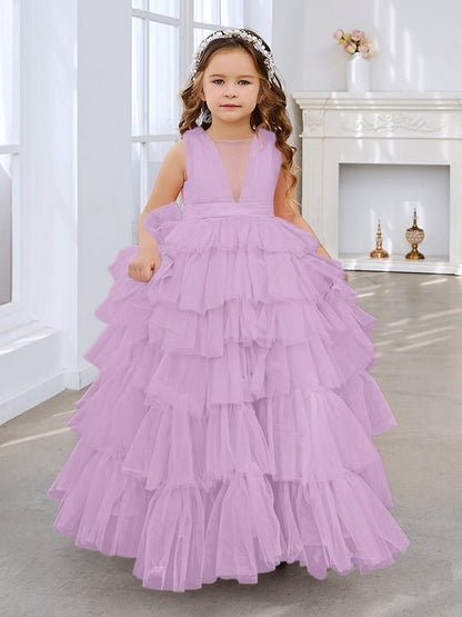 NumberSea - Ball - Gown/Princess Pearl Pink Sleeveless Tulle Bow Flower Girl Dress (010220814)