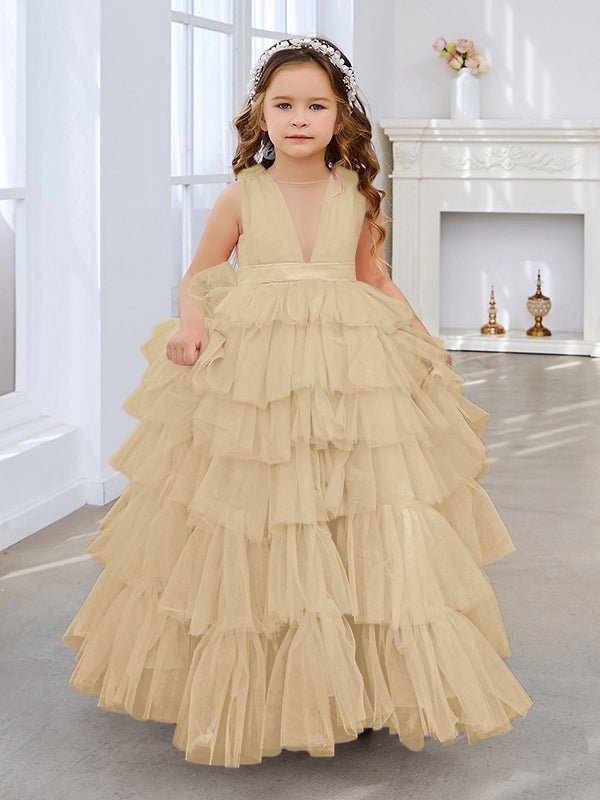 NumberSea - Ball - Gown/Princess Pearl Pink Sleeveless Tulle Bow Flower Girl Dress (010220814)