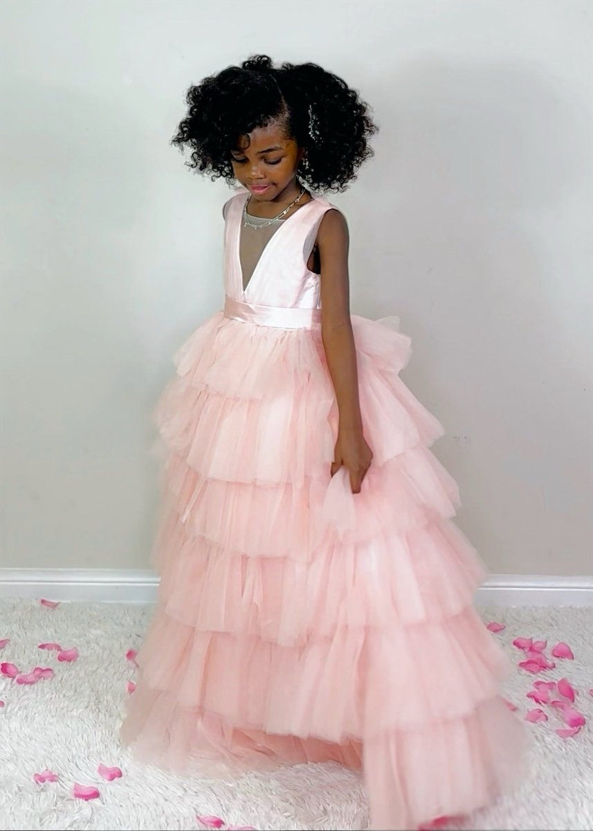 NumberSea - Ball - Gown/Princess Pearl Pink Sleeveless Tulle Bow Flower Girl Dress (010220814)