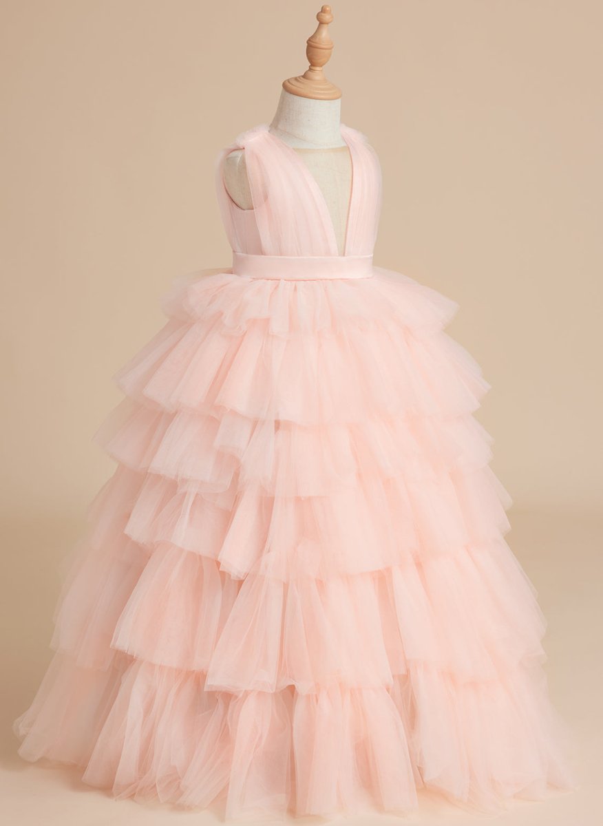 NumberSea - Ball - Gown/Princess Pearl Pink Sleeveless Tulle Bow Flower Girl Dress (010220814)