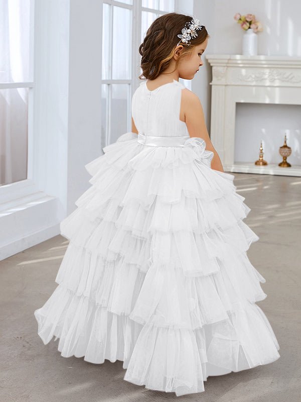 NumberSea - Ball - Gown/Princess Pearl Pink Sleeveless Tulle Bow Flower Girl Dress (010220814)