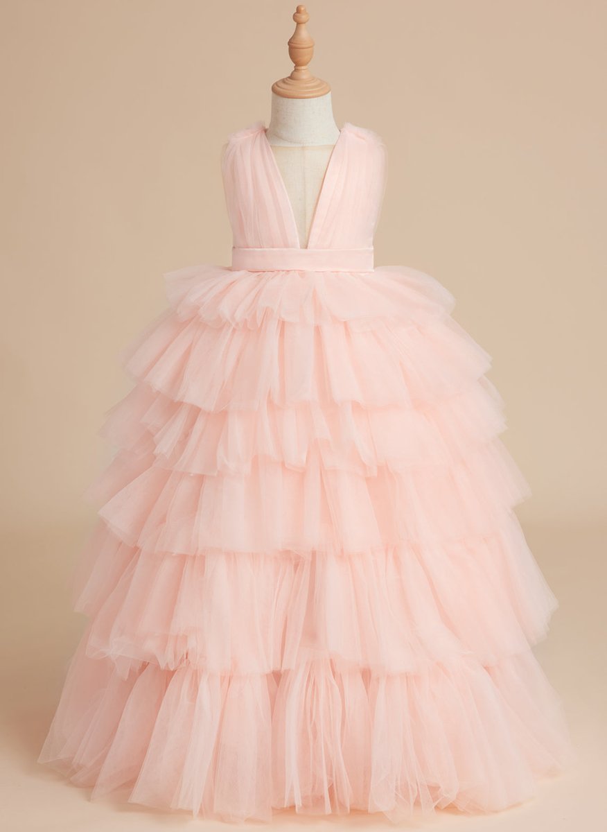 NumberSea - Ball - Gown/Princess Pearl Pink Sleeveless Tulle Bow Flower Girl Dress (010220814)