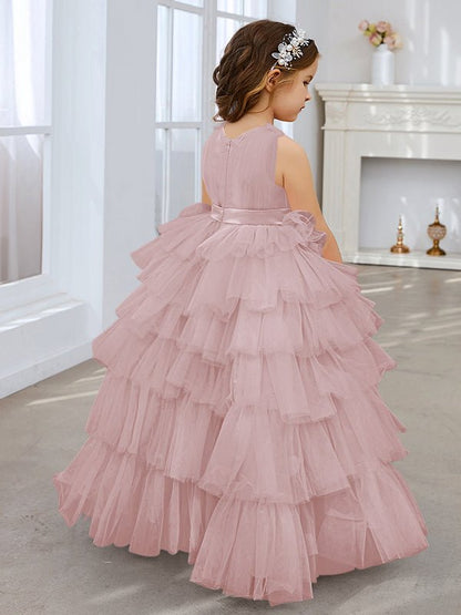 NumberSea - Ball - Gown/Princess Pearl Pink Sleeveless Tulle Bow Flower Girl Dress (010220814)