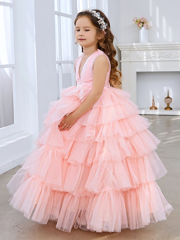 NumberSea - Ball - Gown/Princess Pearl Pink Sleeveless Tulle Bow Flower Girl Dress (010220814)