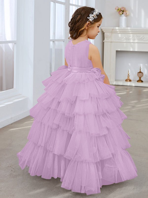 NumberSea - Ball - Gown/Princess Pearl Pink Sleeveless Tulle Bow Flower Girl Dress (010220814)