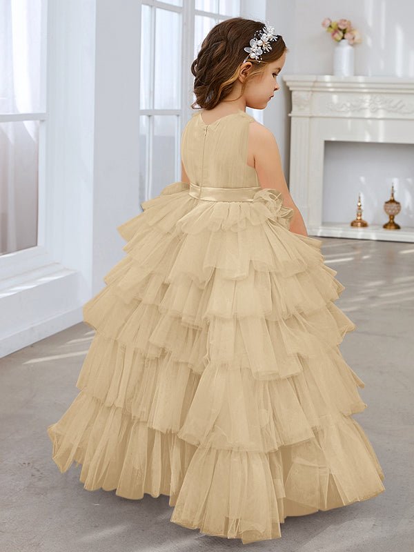 NumberSea - Ball - Gown/Princess Pearl Pink Sleeveless Tulle Bow Flower Girl Dress (010220814)