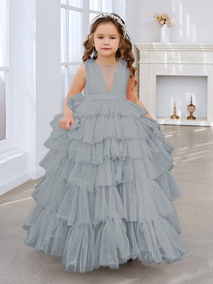 NumberSea - Ball - Gown/Princess Pearl Pink Sleeveless Tulle Bow Flower Girl Dress (010220814)