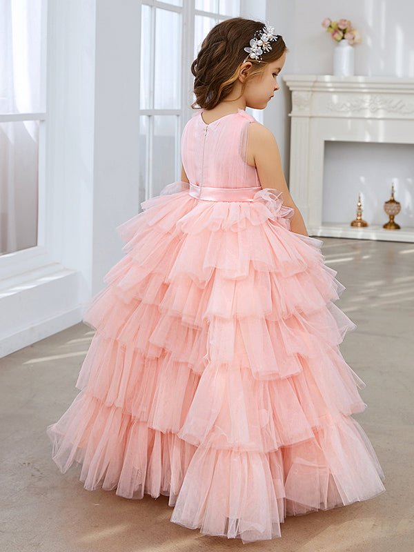 NumberSea - Ball - Gown/Princess Pearl Pink Sleeveless Tulle Bow Flower Girl Dress (010220814)