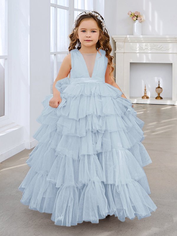 NumberSea - Ball - Gown/Princess Pearl Pink Sleeveless Tulle Bow Flower Girl Dress (010220814)