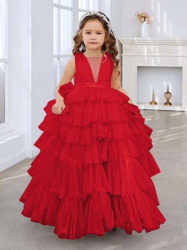 NumberSea - Ball - Gown/Princess Pearl Pink Sleeveless Tulle Bow Flower Girl Dress (010220814)