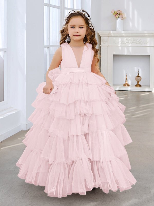 NumberSea - Ball - Gown/Princess Pearl Pink Sleeveless Tulle Bow Flower Girl Dress (010220814)