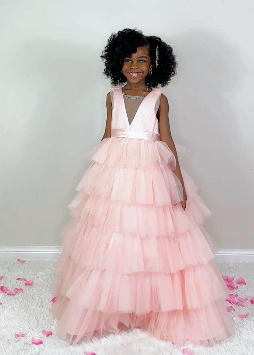 NumberSea - Ball - Gown/Princess Pearl Pink Sleeveless Tulle Bow Flower Girl Dress (010220814)