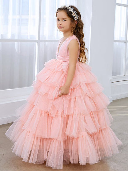 NumberSea - Ball - Gown/Princess Pearl Pink Sleeveless Tulle Bow Flower Girl Dress (010220814)