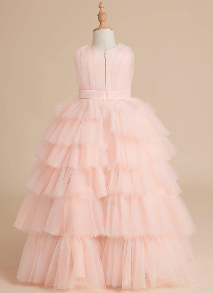 NumberSea - Ball - Gown/Princess Pearl Pink Sleeveless Tulle Bow Flower Girl Dress (010220814)