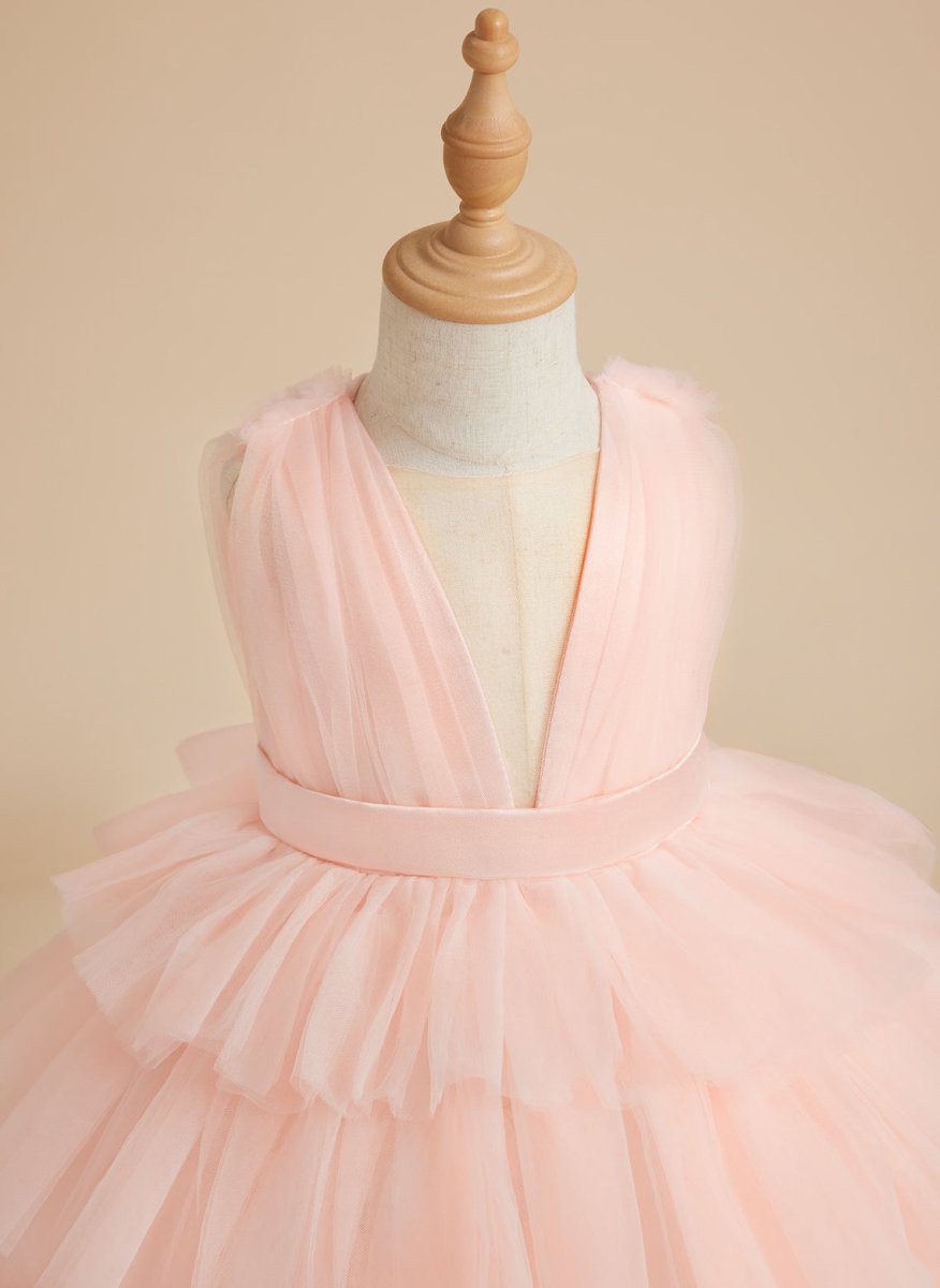 NumberSea - Ball - Gown/Princess Pearl Pink Sleeveless Tulle Bow Flower Girl Dress (010220814)