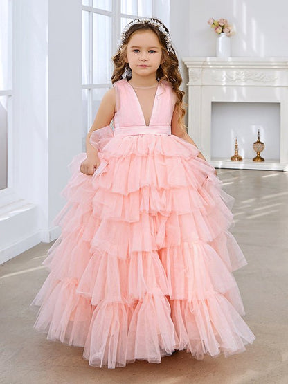 NumberSea - Ball - Gown/Princess Pearl Pink Sleeveless Tulle Bow Flower Girl Dress (010220814)