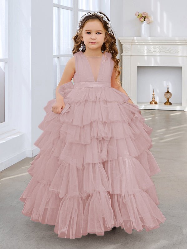 NumberSea - Ball - Gown/Princess Pearl Pink Sleeveless Tulle Bow Flower Girl Dress (010220814)