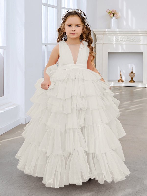 NumberSea - Ball - Gown/Princess Pearl Pink Sleeveless Tulle Bow Flower Girl Dress (010220814)