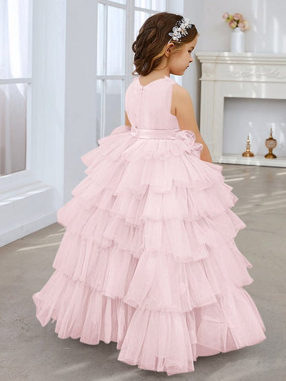 NumberSea - Ball - Gown/Princess Pearl Pink Sleeveless Tulle Bow Flower Girl Dress