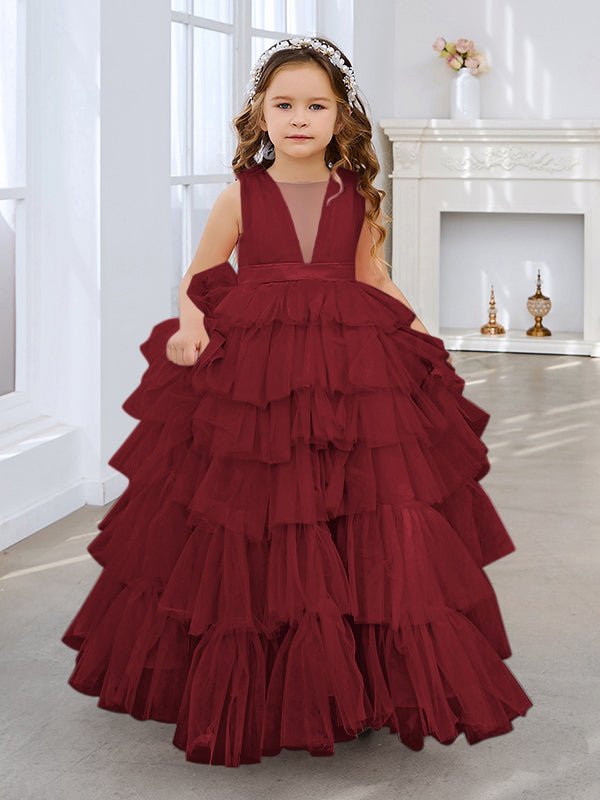 NumberSea - Ball - Gown/Princess Pearl Pink Sleeveless Tulle Bow Flower Girl Dress