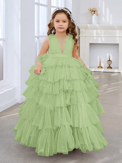 NumberSea - Ball - Gown/Princess Pearl Pink Sleeveless Tulle Bow Flower Girl Dress