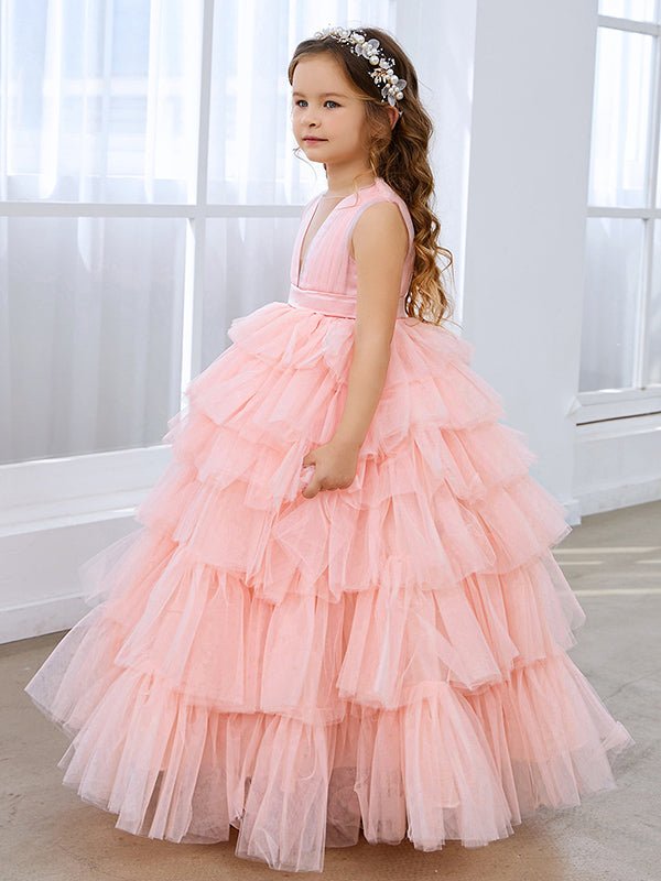 NumberSea - Ball - Gown/Princess Pearl Pink Sleeveless Tulle Bow Flower Girl Dress