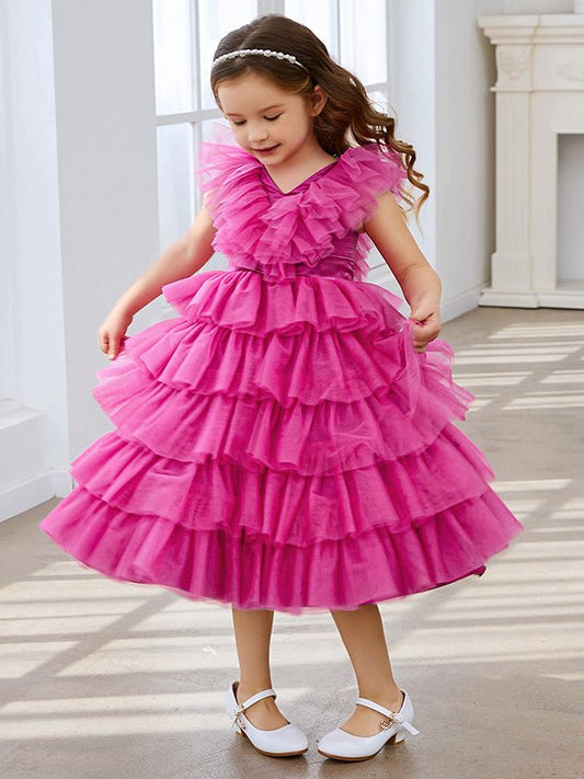 NumberSea - Ball - Gown/Princess Pink Sleeveless Tulle Flower Girl Dress with Ruffles