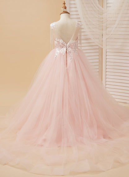 NumberSea - Ball - Gown/Princess Satin Tulle Floor - length Pink Flower Girl Dress