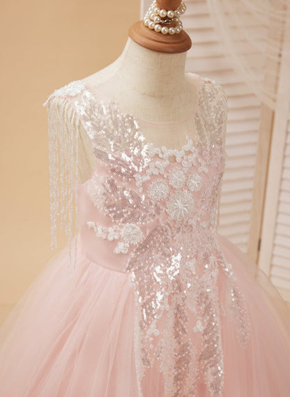 NumberSea - Ball - Gown/Princess Satin Tulle Floor - length Pink Flower Girl Dress