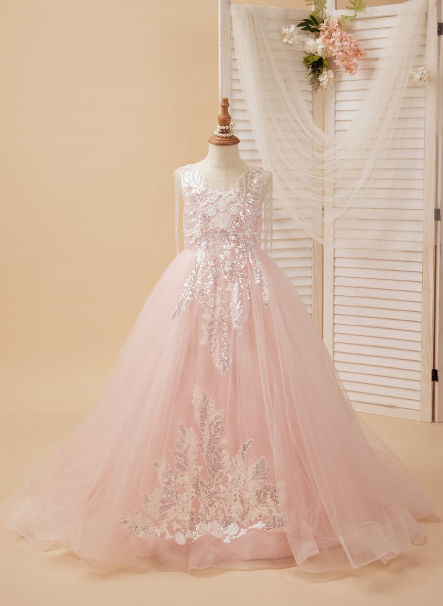 NumberSea - Ball - Gown/Princess Satin Tulle Floor - length Pink Flower Girl Dress